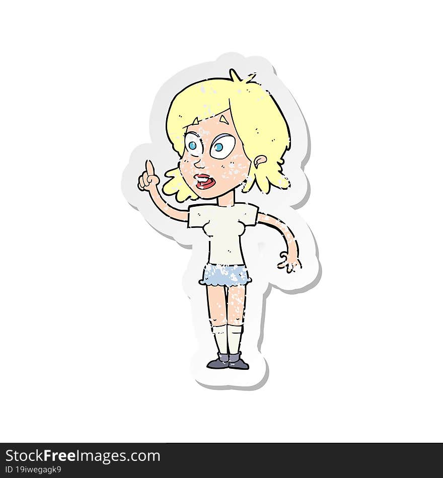 retro distressed sticker of a cartoon woman asking question