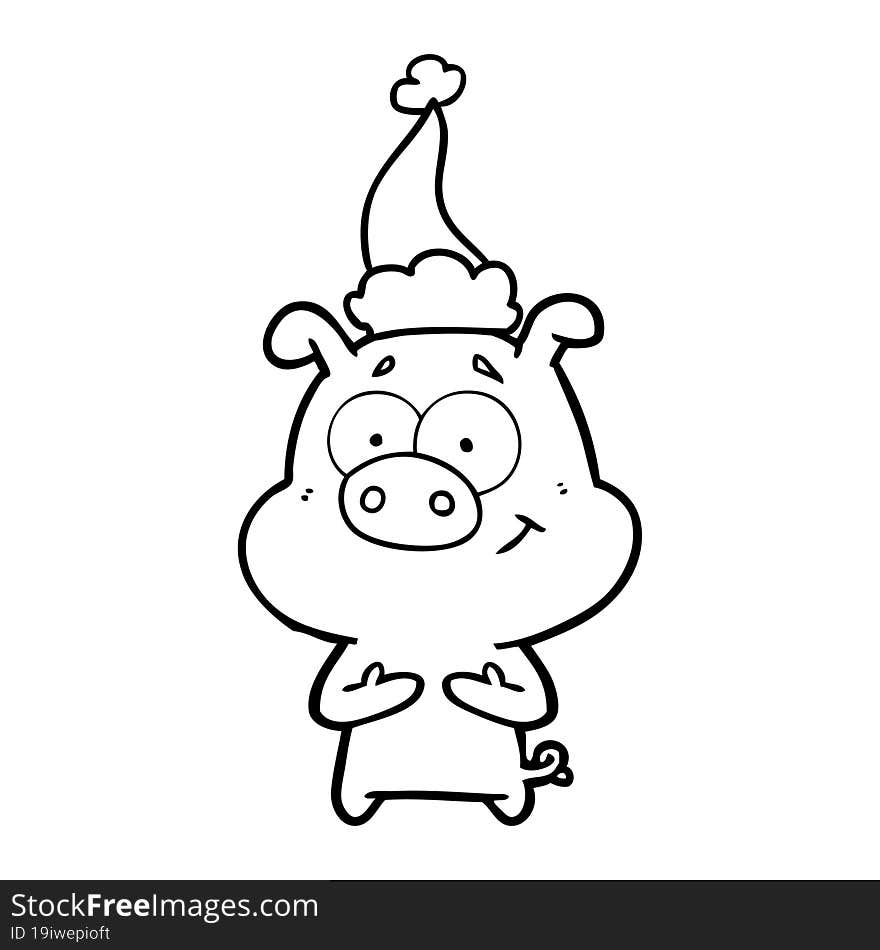 happy line drawing of a pig wearing santa hat