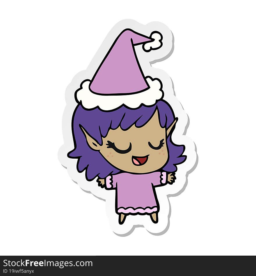 happy hand drawn sticker cartoon of a elf girl wearing santa hat. happy hand drawn sticker cartoon of a elf girl wearing santa hat