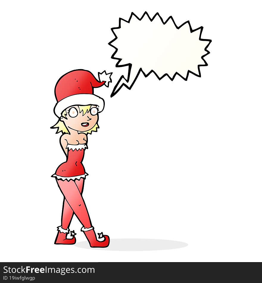 Cartoon Woman In Christmas Elf Costume With Speech Bubble