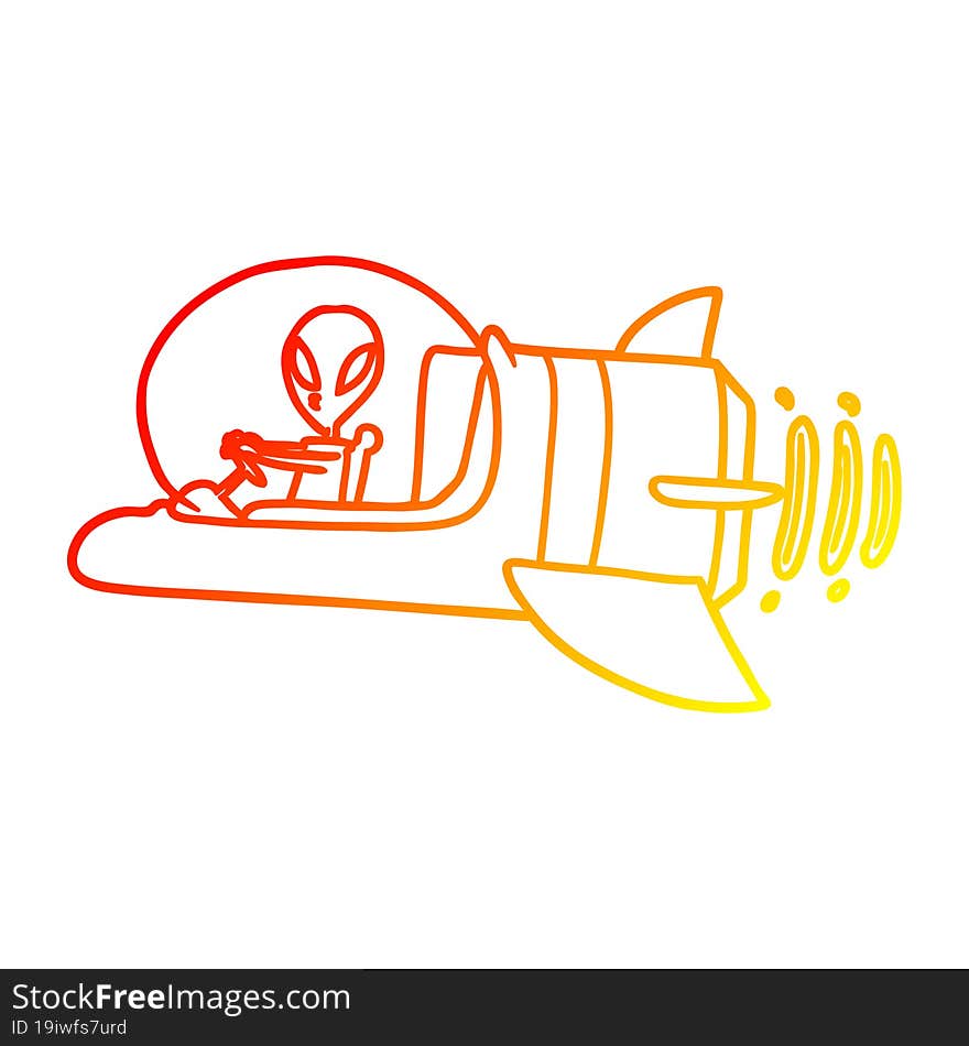 Warm Gradient Line Drawing Cartoon Alien Spacecraft