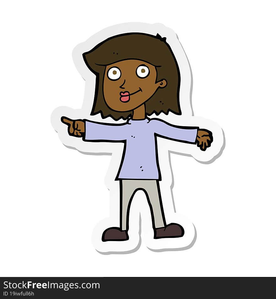 sticker of a cartoon happy woman pointing