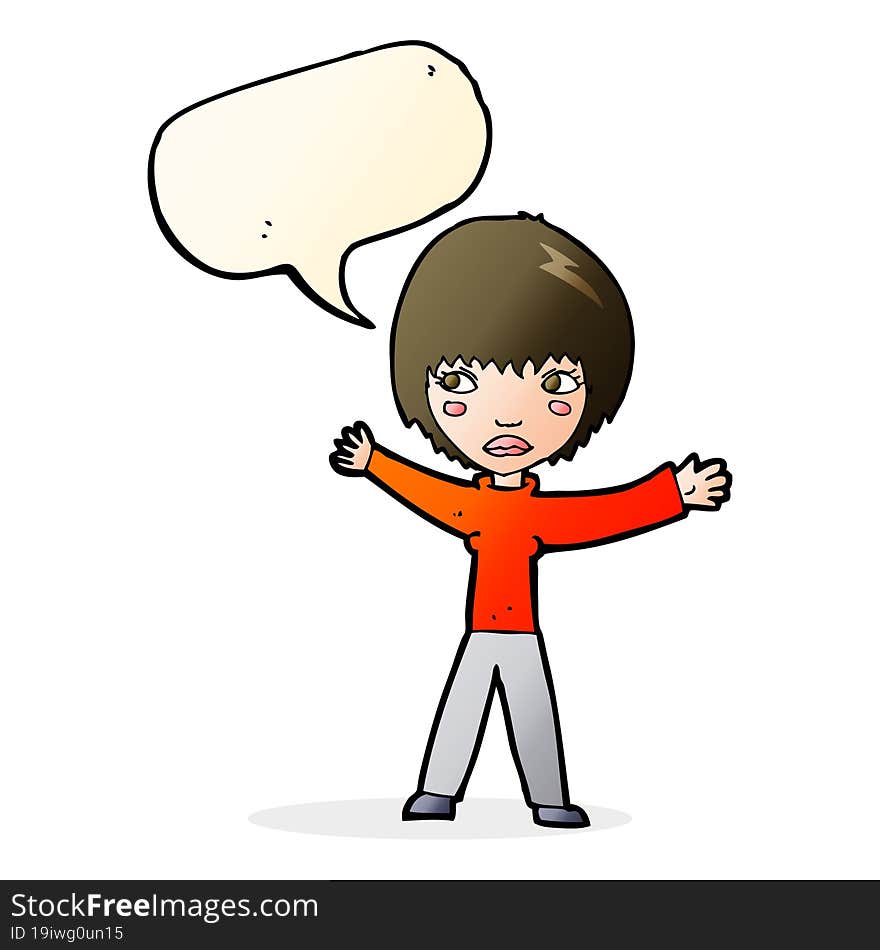 cartoon waving woman with speech bubble