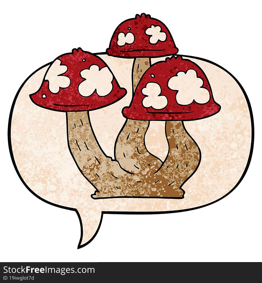 cartoon mushrooms and speech bubble in retro texture style