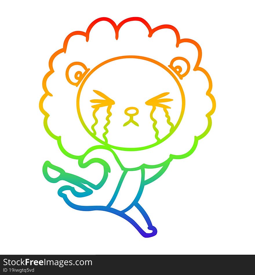 rainbow gradient line drawing cartoon crying lion running away