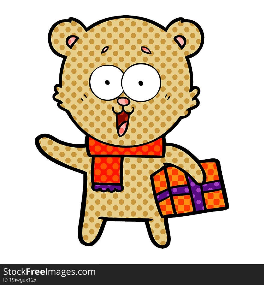 laughing teddy  bear with christmas present. laughing teddy  bear with christmas present