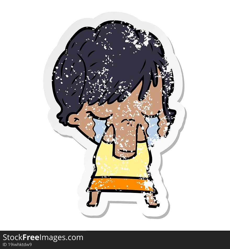 distressed sticker of a cartoon woman crying