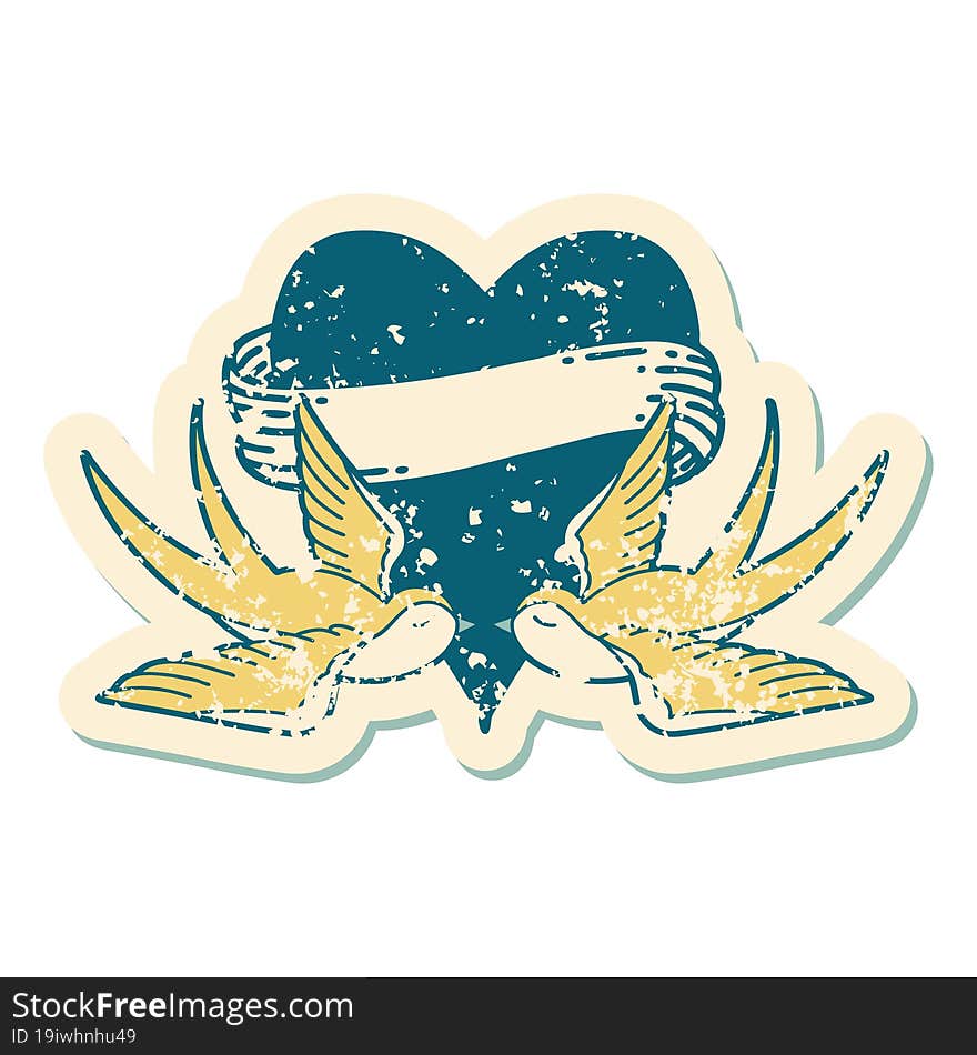 distressed sticker tattoo style icon of a swallows and a heart with banner