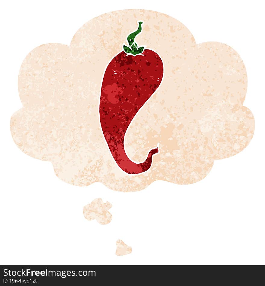 cartoon chili pepper and thought bubble in retro textured style