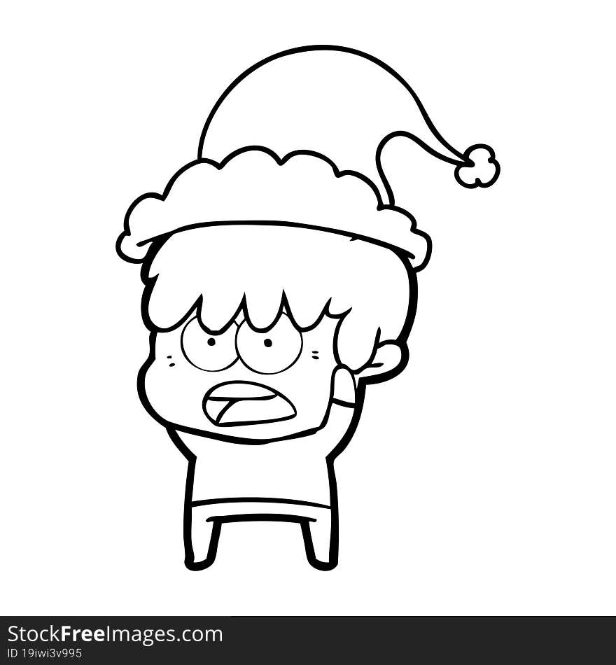 worried line drawing of a boy wearing santa hat