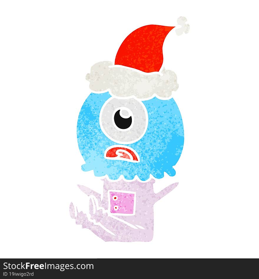 Retro Cartoon Of A Cyclops Alien Spaceman Wearing Santa Hat