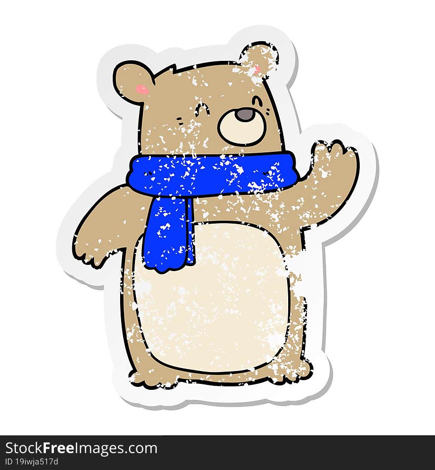 distressed sticker of a cartoon bear wearing scarf