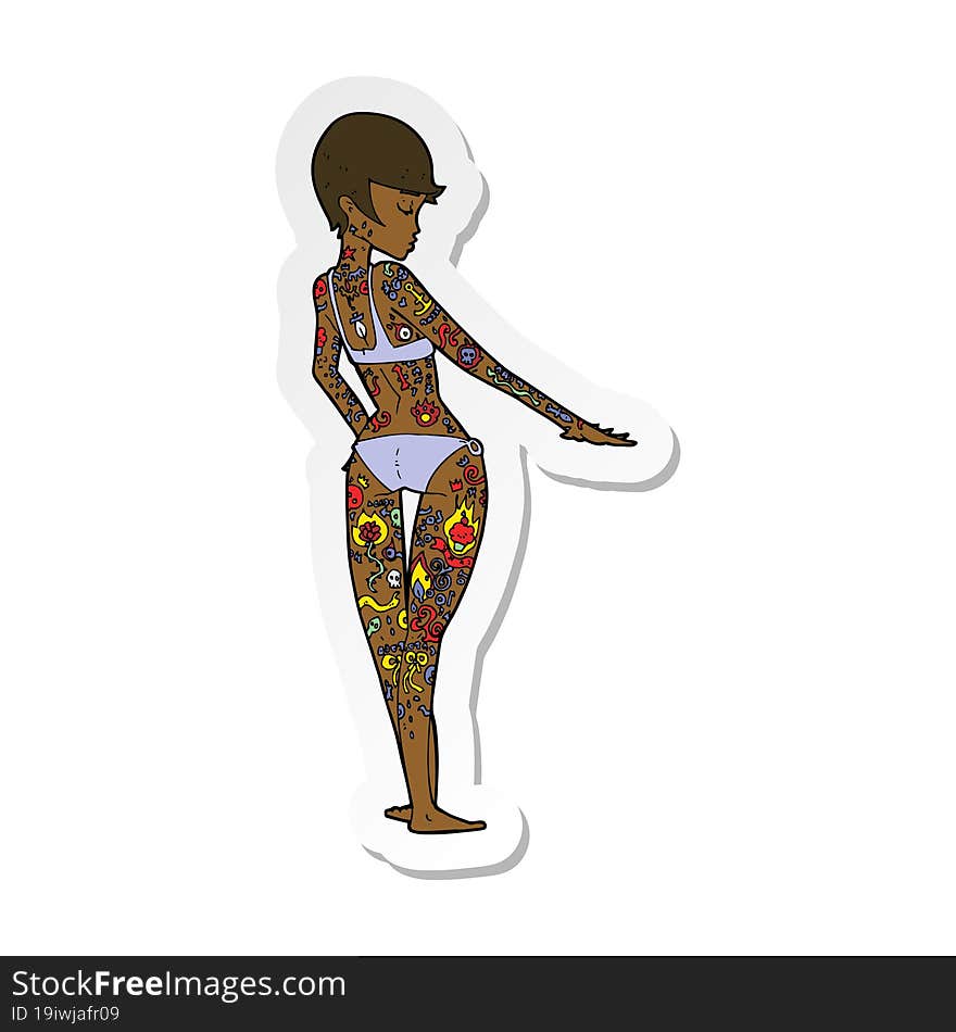 sticker of a cartoon bikini girl covered in tattoos