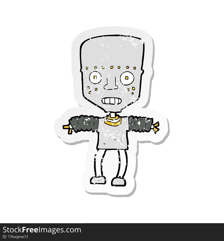 Retro Distressed Sticker Of A Cartoon Robot