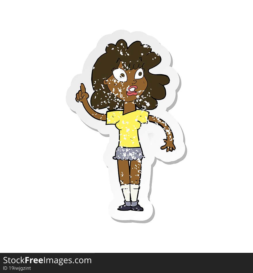 Retro Distressed Sticker Of A Cartoon Woman Making Point