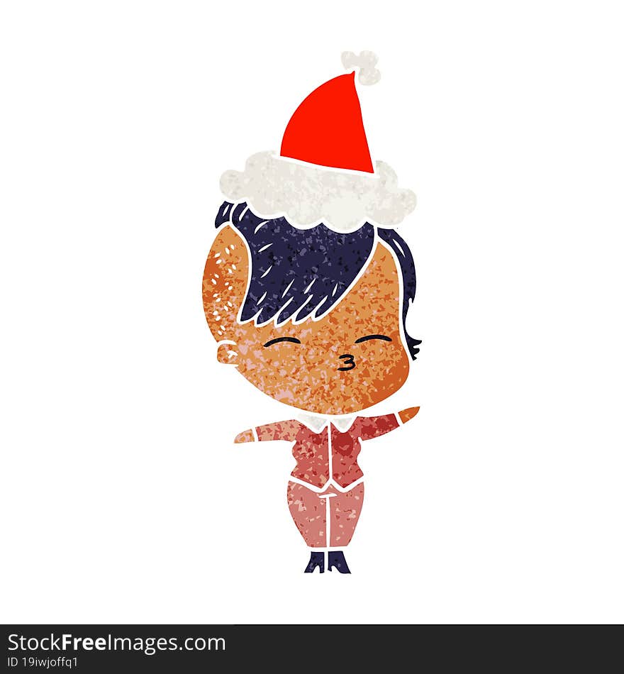 retro cartoon of a squinting girl wearing santa hat