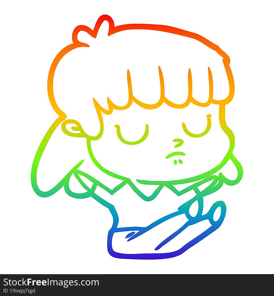 rainbow gradient line drawing cartoon indifferent woman sitting