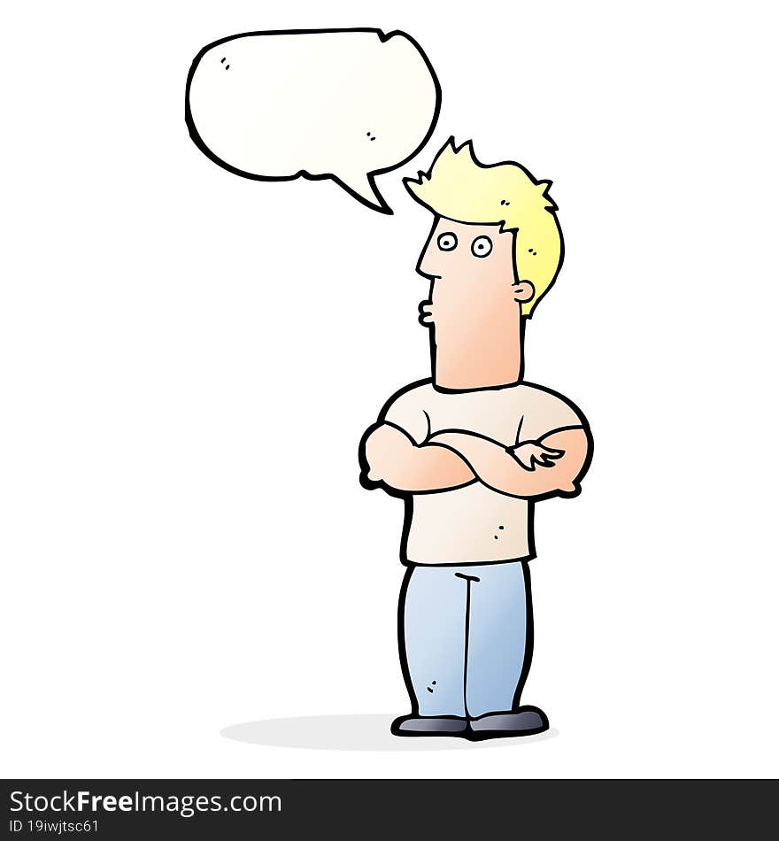 cartoon man with folded arms with speech bubble