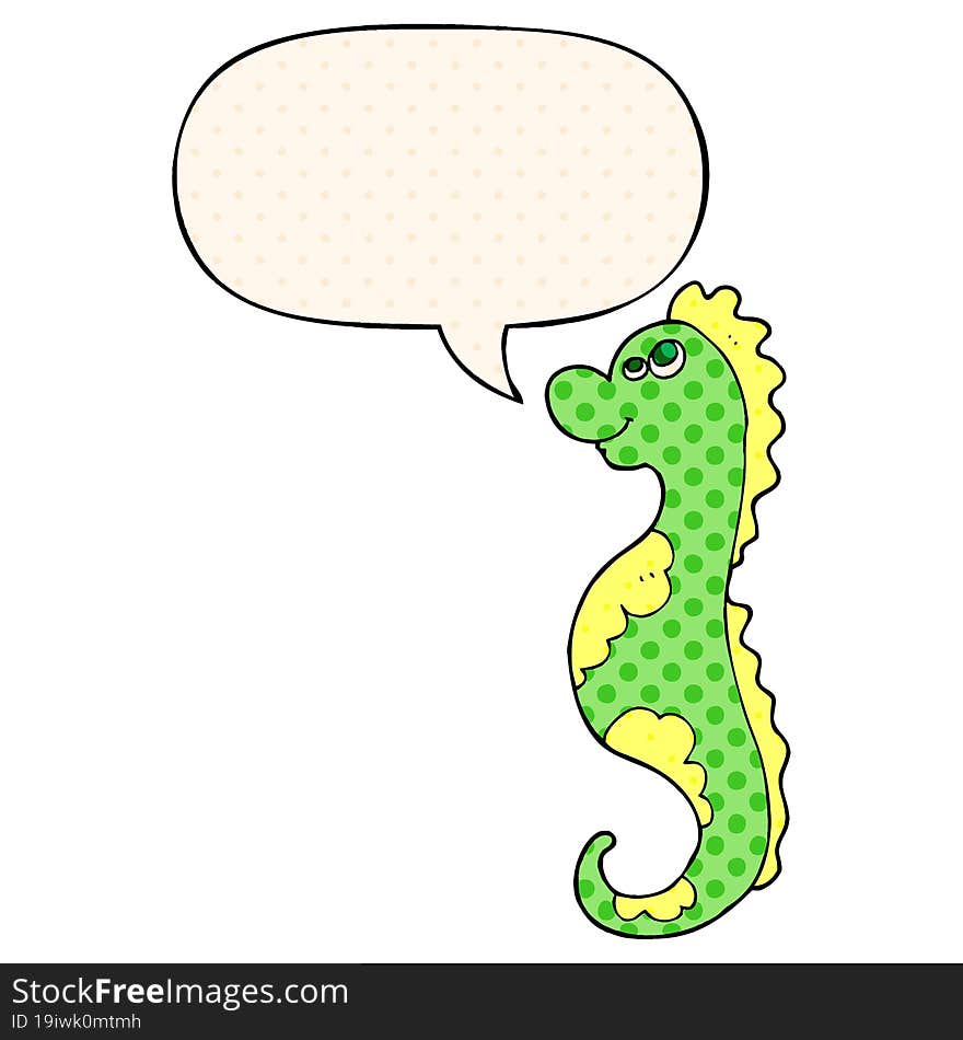 cartoon sea horse and speech bubble in comic book style