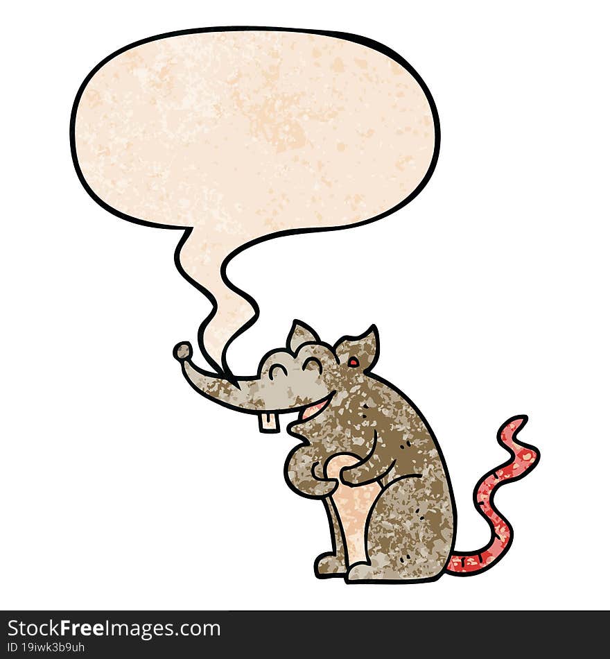 cartoon rat with speech bubble in retro texture style