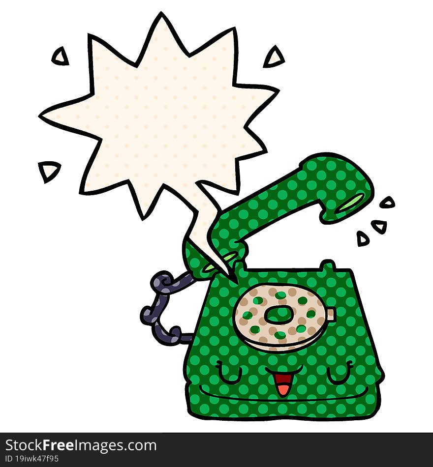 Cute Cartoon Telephone And Speech Bubble In Comic Book Style