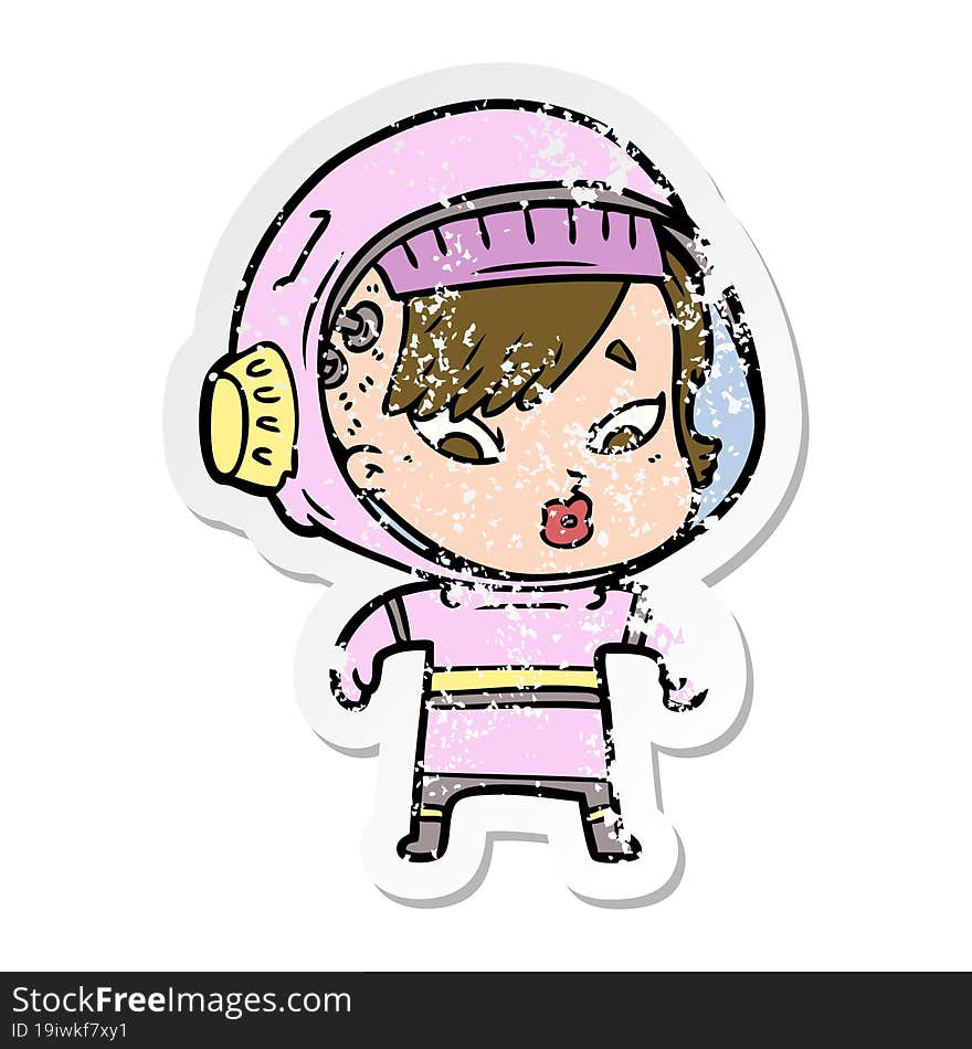 distressed sticker of a cartoon astronaut woman