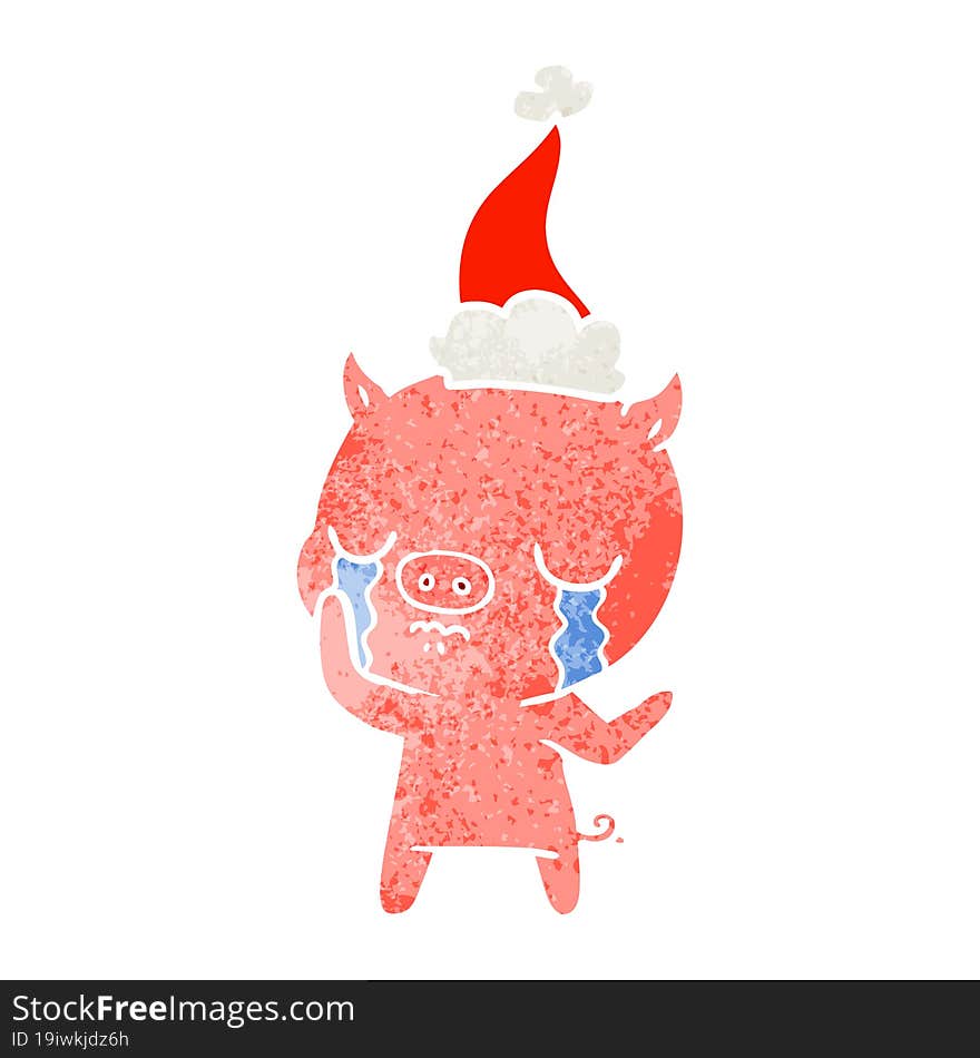 retro cartoon of a pig crying wearing santa hat