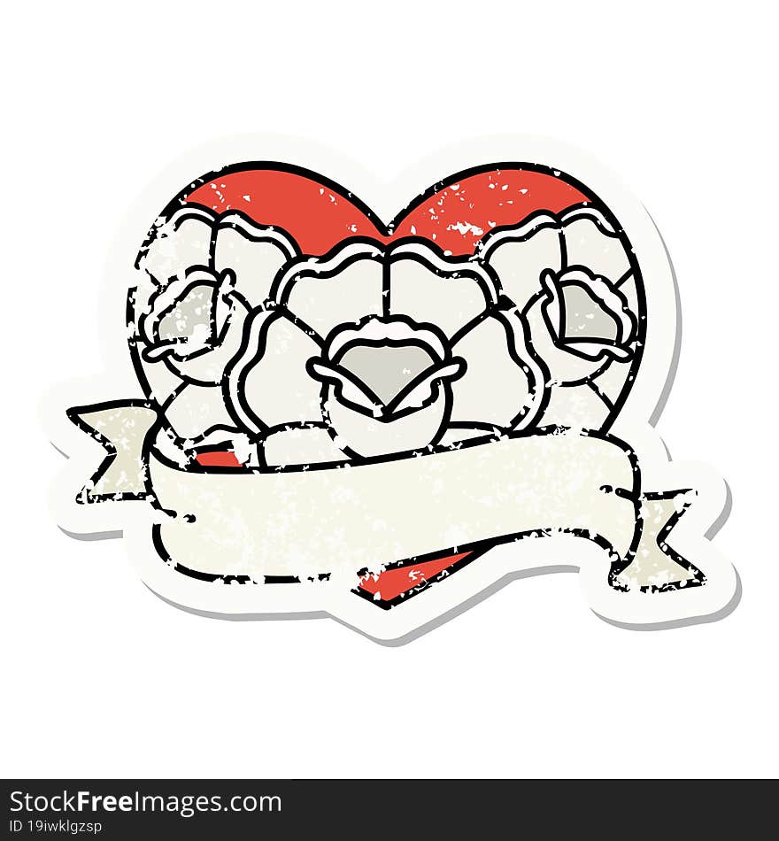 distressed sticker tattoo in traditional style of a heart and banner with flowers. distressed sticker tattoo in traditional style of a heart and banner with flowers