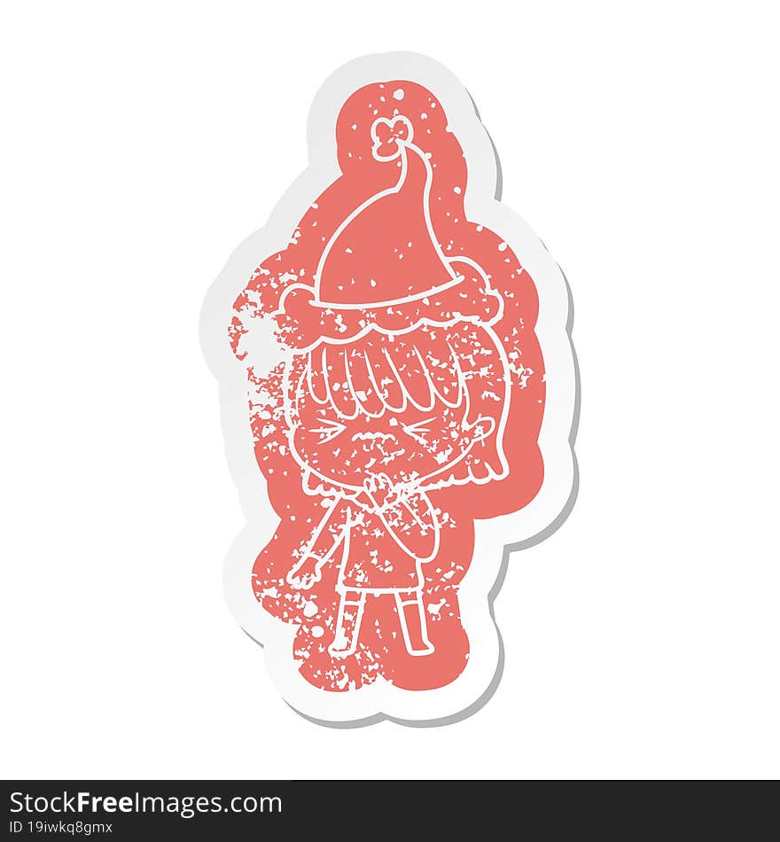 Cartoon Distressed Sticker Of A Girl Regretting A Mistake Wearing Santa Hat