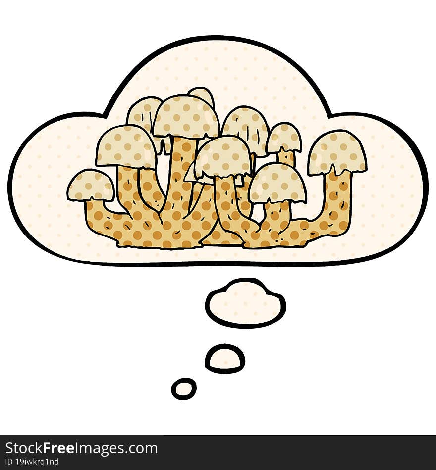 cartoon mushroom with thought bubble in comic book style