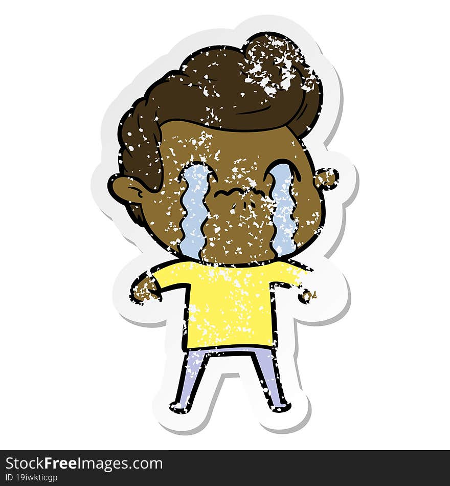 distressed sticker of a cartoon man crying