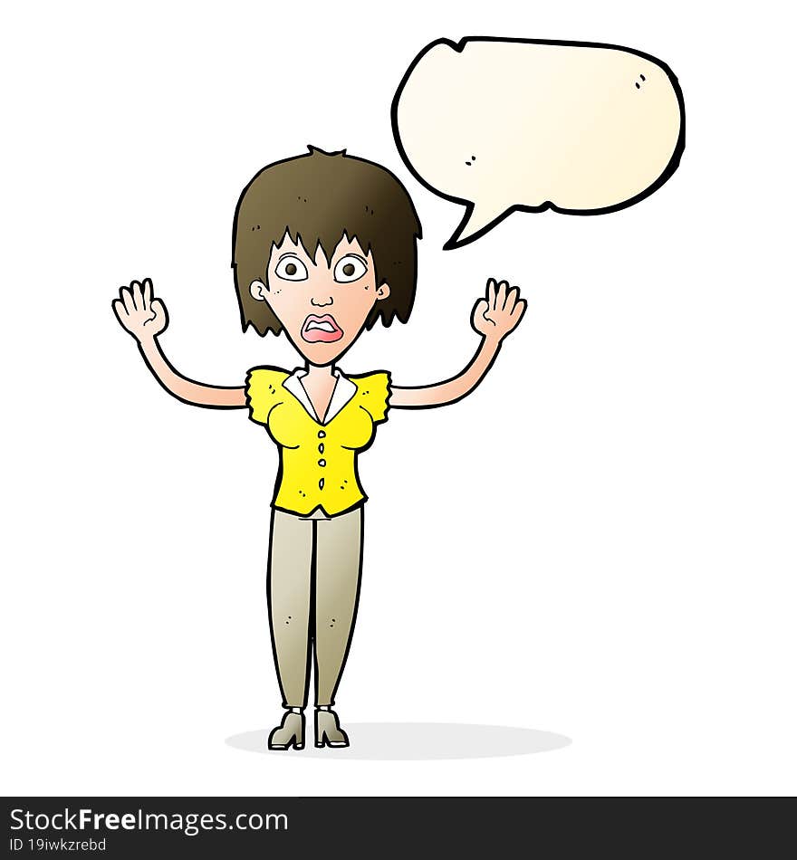 cartoon woman stressing out with speech bubble