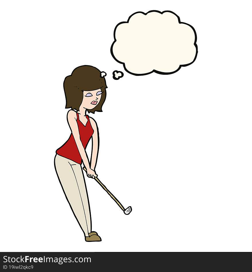 cartoon woman playing golf with thought bubble