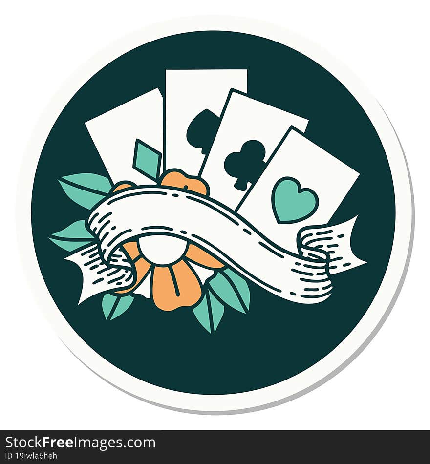 Tattoo Style Sticker Of Cards And Banner