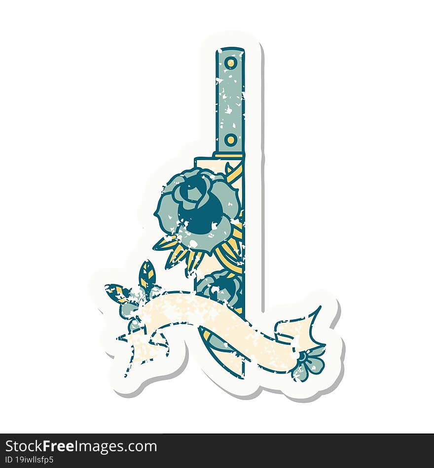 worn old sticker with banner of a dagger and flowers. worn old sticker with banner of a dagger and flowers