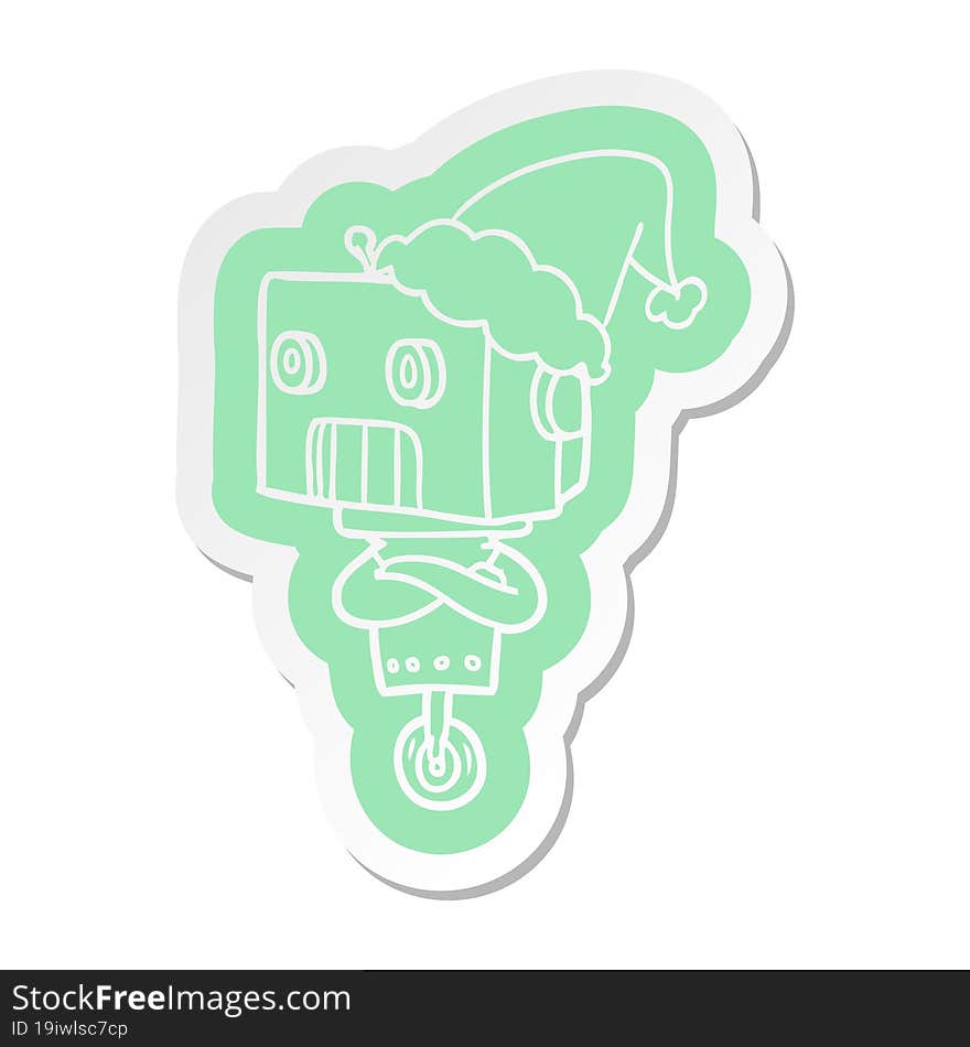 cartoon  sticker of a robot wearing santa hat