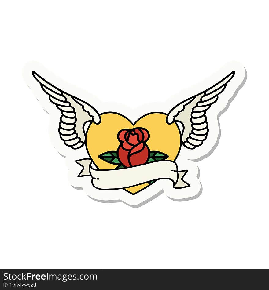 Tattoo Style Sticker Of A Flying Heart With Flowers And Banner