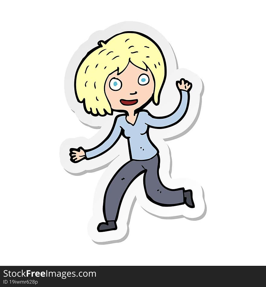 sticker of a cartoon happy waving girl