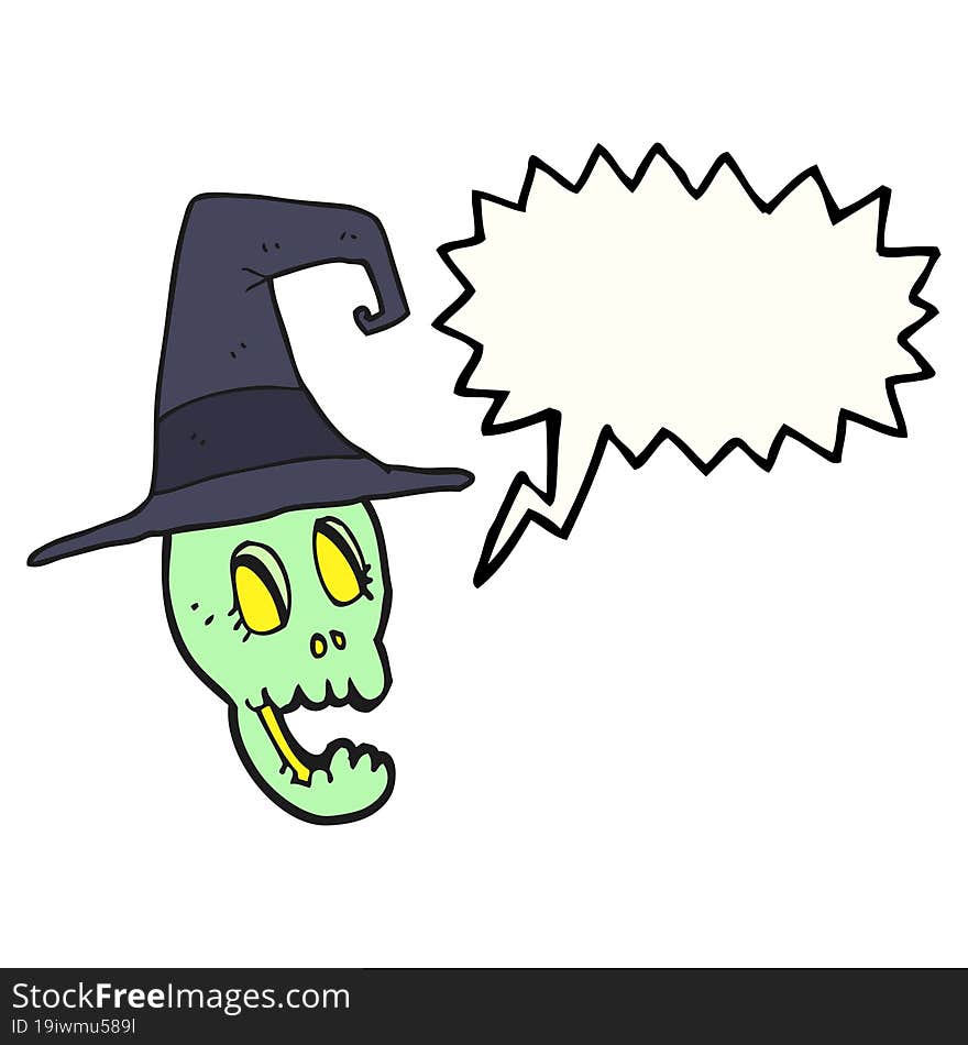 freehand drawn speech bubble cartoon skull wearing witch hat