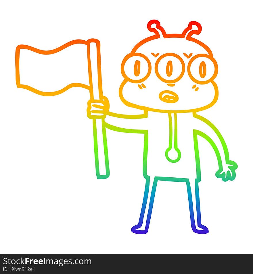 rainbow gradient line drawing cartoon three eyed alien waving flag