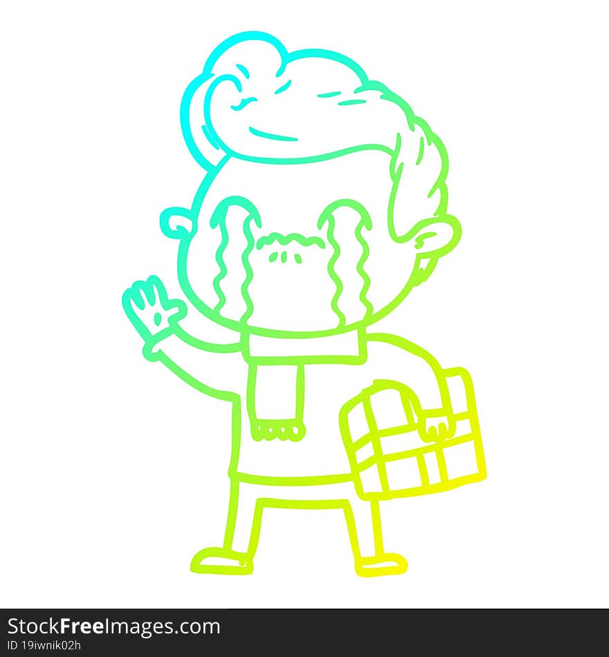 cold gradient line drawing of a cartoon man crying