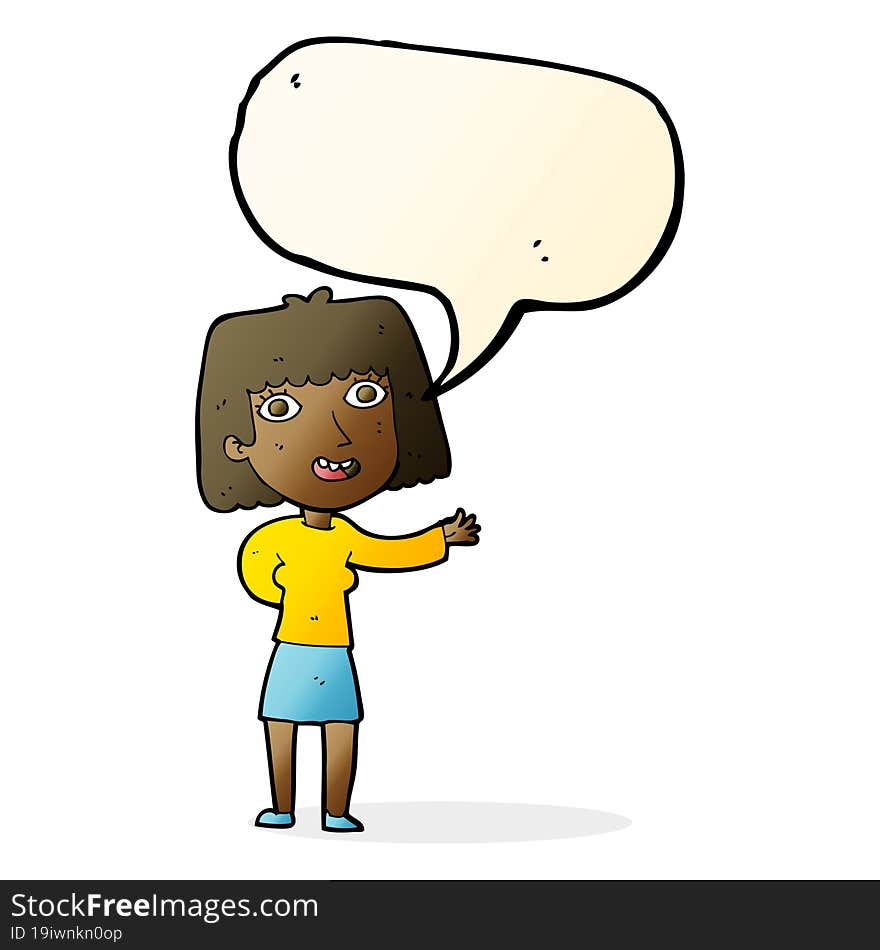 cartoon friendly woman waving with speech bubble