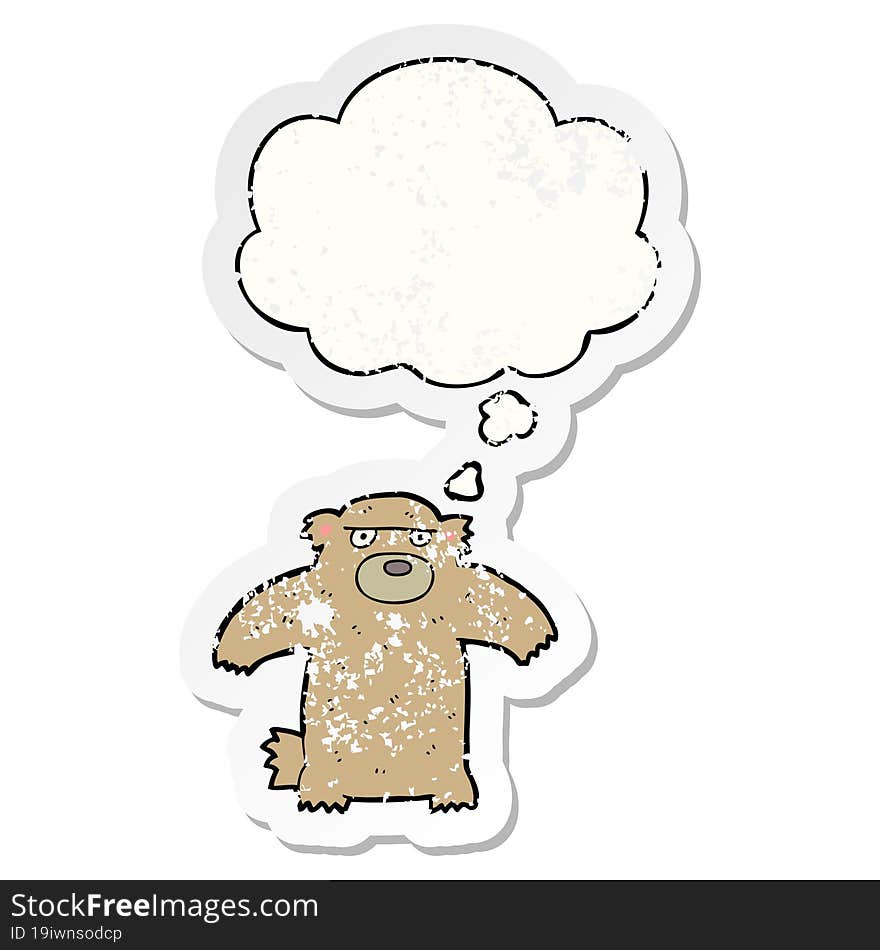 cartoon bear and thought bubble as a distressed worn sticker