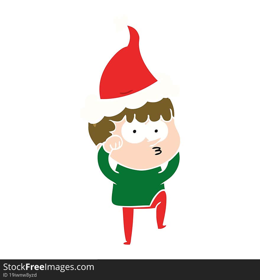 flat color illustration of a curious boy rubbing eyes in disbelief wearing santa hat