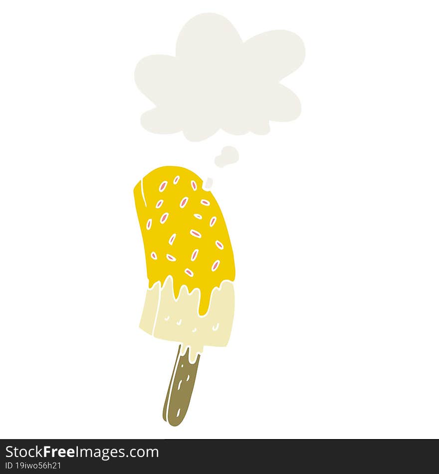 cartoon ice cream lolly and thought bubble in retro style