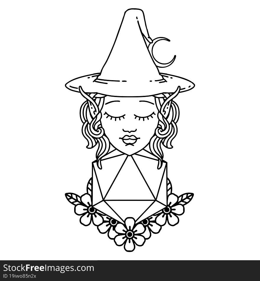 Black and White Tattoo linework Style elf mage character with natural twenty dice roll. Black and White Tattoo linework Style elf mage character with natural twenty dice roll