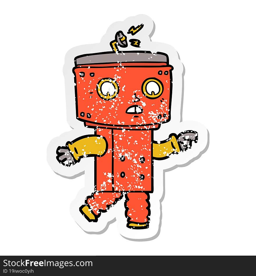 Distressed Sticker Of A Cartoon Robot Pointing