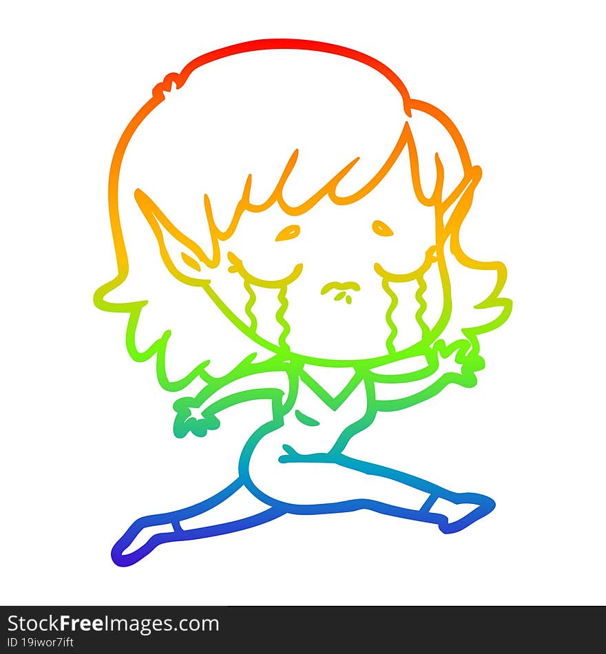 rainbow gradient line drawing crying cartoon elf girl