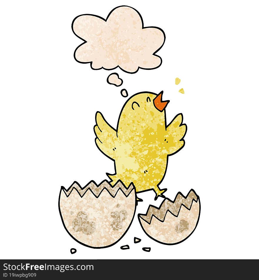 Cartoon Bird Hatching From Egg And Thought Bubble In Grunge Texture Pattern Style