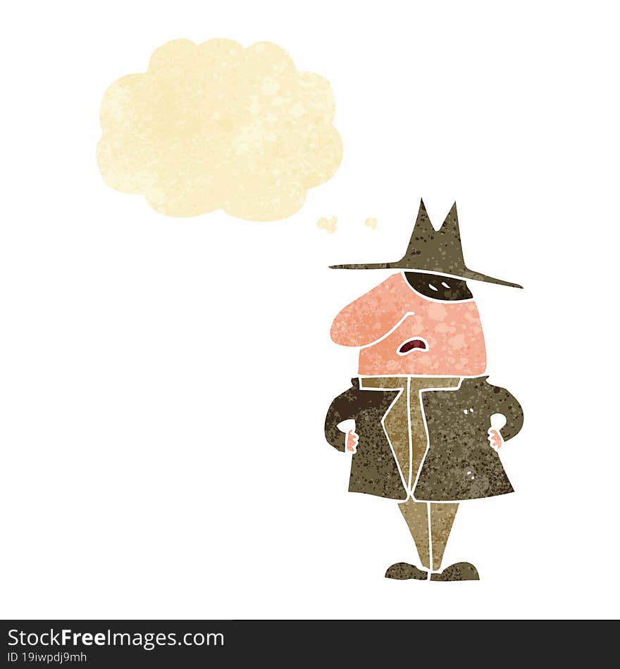 cartoon man in coat and hat with thought bubble